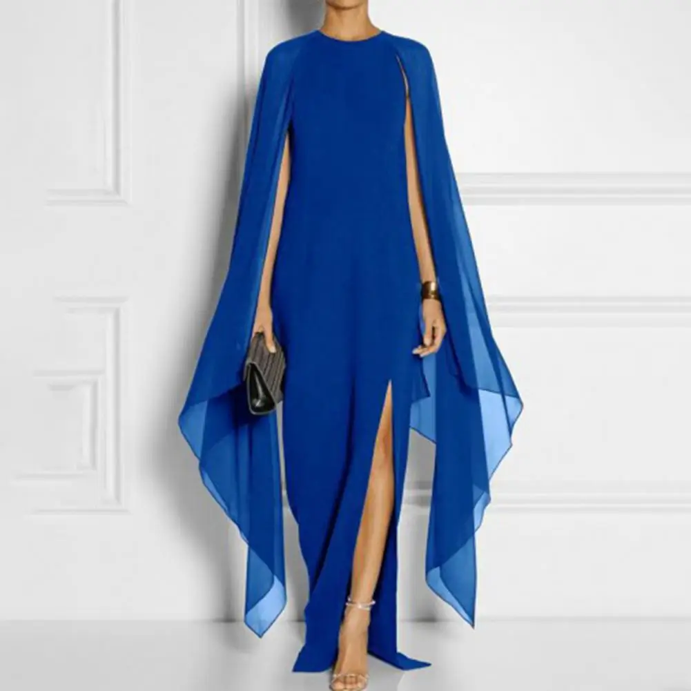 

Women Gown Dress Elegant O-neck Chiffon Maxi Dress with Irregular Split Layer Shawl Design Side Split Hem Slim Fit for Parties