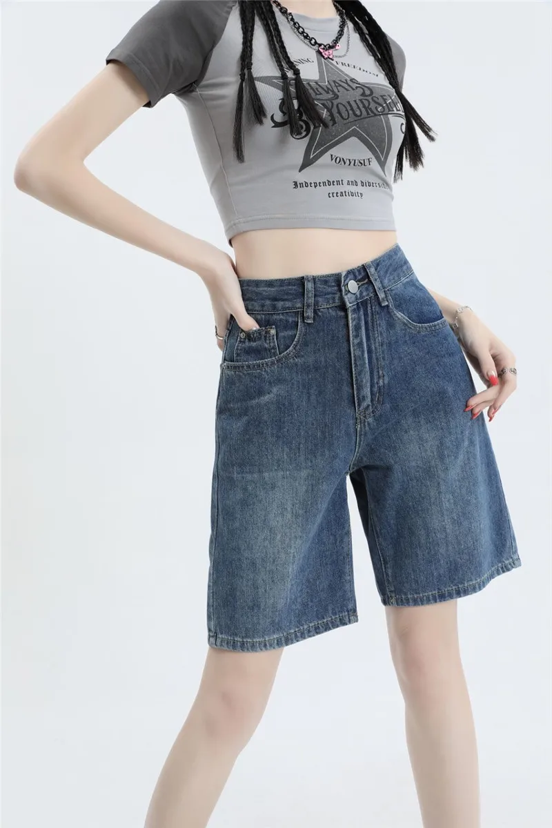 

Y2K Summer Solid Blue Denim Shorts For Women High Waist Loose Half Jeans Shorts Harajuku Pockets Wide Leg Pants Female 3055
