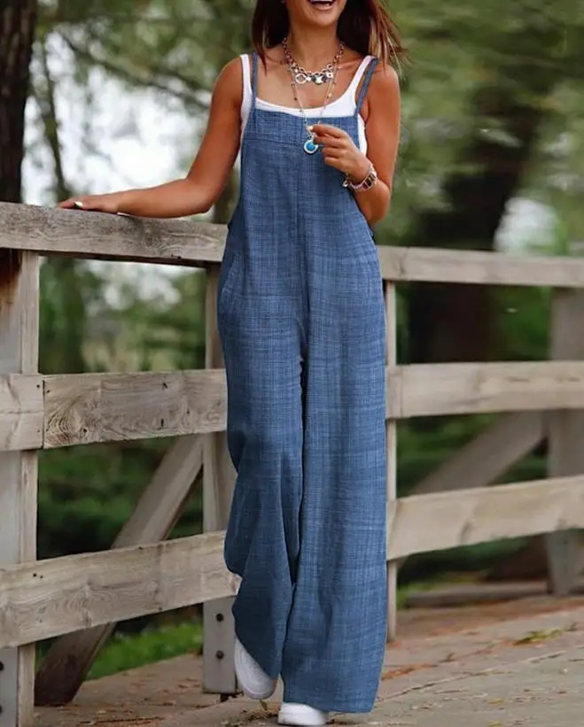Fashion Casual Women's Jumpsuit 2023 Spring and Summer Denim Style Printed Literary Retro Style Female Suspender Bodysuit