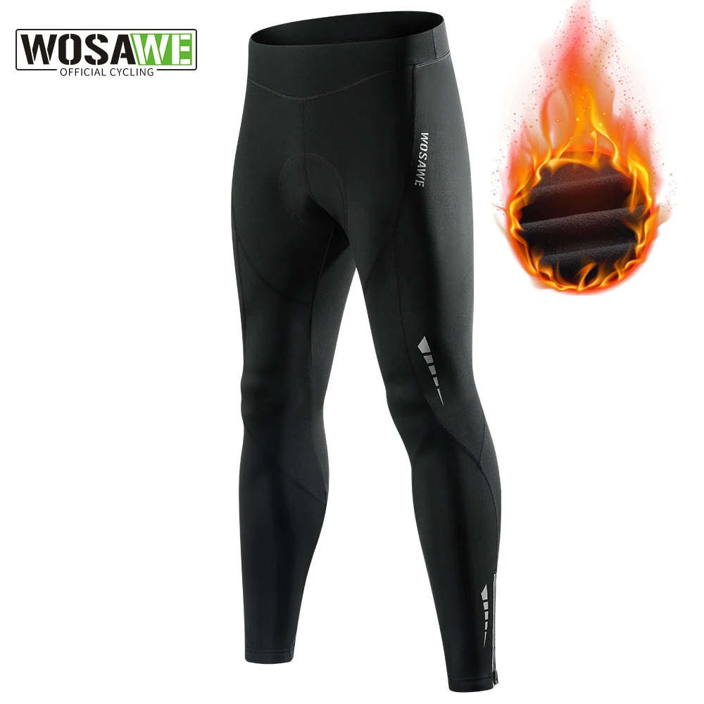 WOSAWE Winter Men Cycling Padded Pants Bicycle Fleece Thermal Leggings Warm MTB Long Tights Mountain Bike Pants Sports Trousers