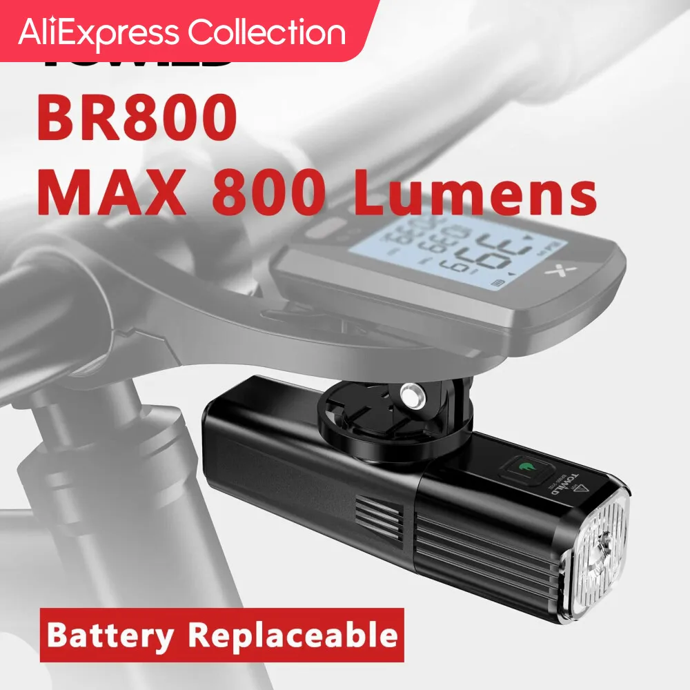 AliExpress Collection TOWILD BR800 자전거 라이트, C 타입 18650, 2000mAh 배터리, 교체 가능한 LED MTB 전면 램프, 헤드라이트 알루미늄 손전등, 자전거 액세서리 