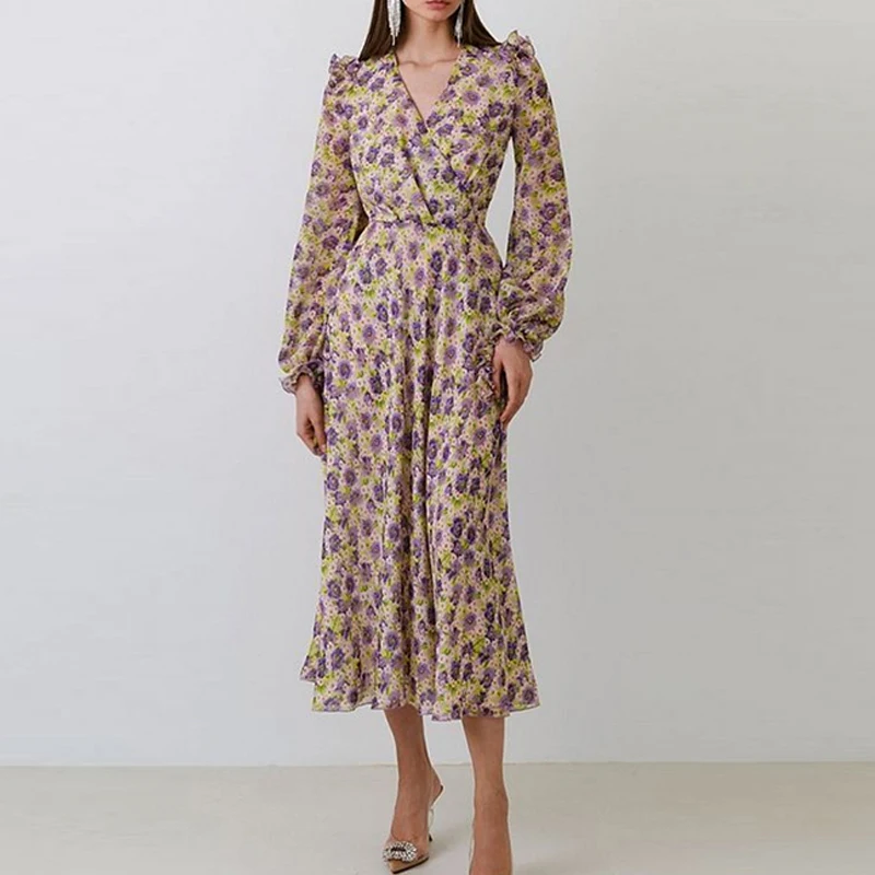 

Elegant High Waist French Sweet Dress Fashion V Neck Floral Print Ruffles Long Dress Female Lantern Sleeve Chiffon A-Line Dress
