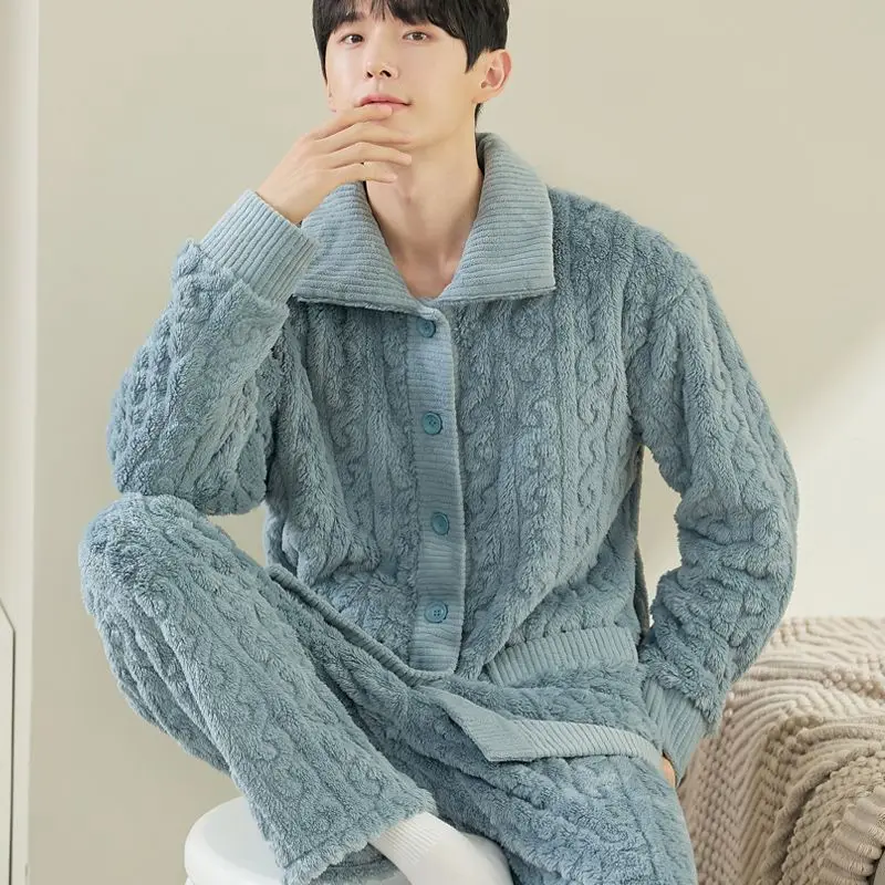 2024 New Men's Coral Fleece Pajama Loungewear Autumn Winter Nightwear Thickened Fleece Sleepwear Youth Flannel Warm Homewear Set