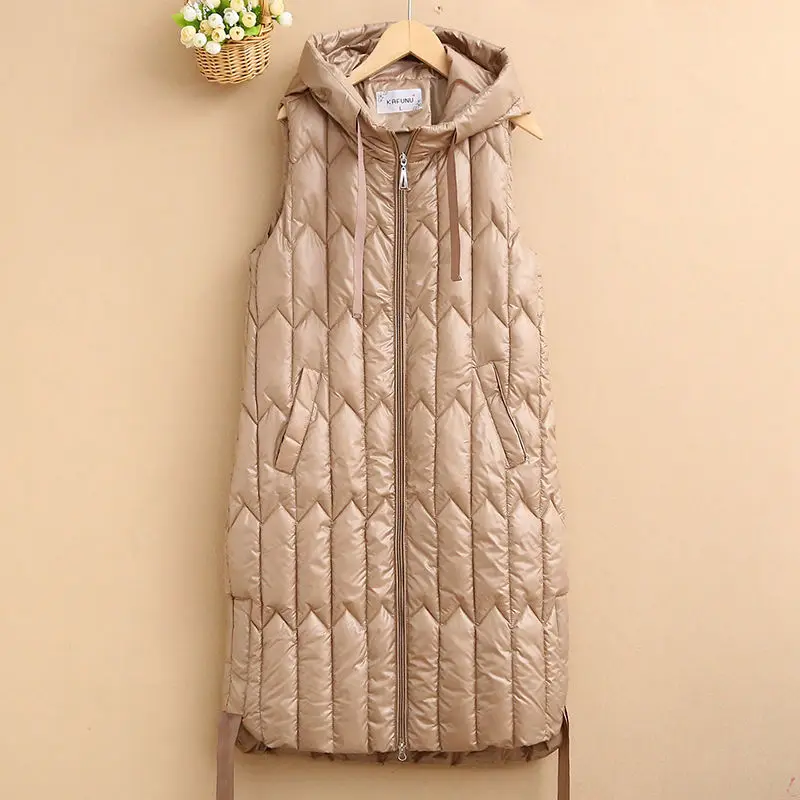 

2023 Winter Women Down Cotton Vest Female Hooded Sleeveless Long Jackets Coat Plus Size Zipper Pockets Waistcoat