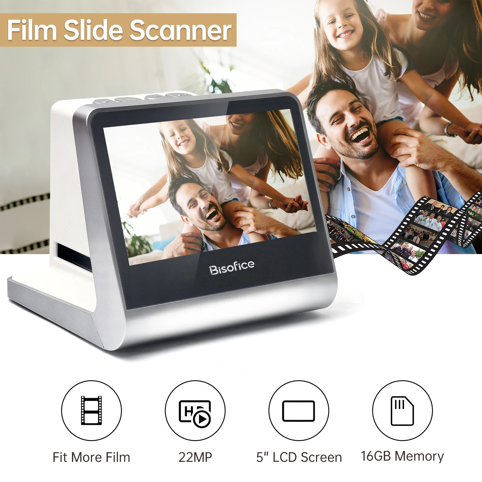 LCD Screen Film Slide Scanner For 135 Film 126KPK /110 Film/Super8/ Monochrome/Slide to Digital JPEG Photos 16GB 5''