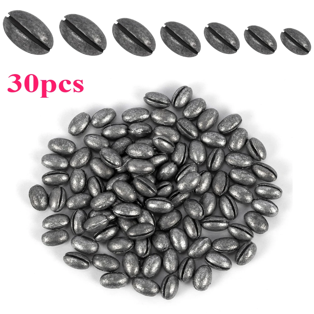 30 plombs de pêche ovale fendus en forme de haricot, poids plombs pour ligne et accessoires leurres