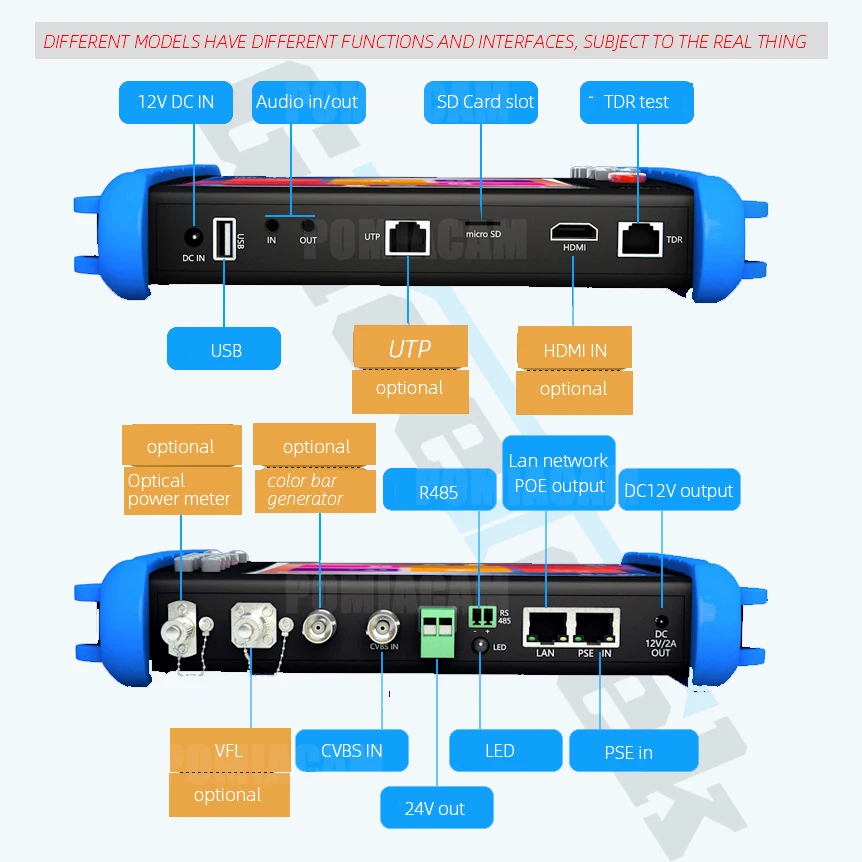 7 palec HD CCTV tester monitor AHD CVI TVI CVBS SDI IP H.265 4K 8MP HDMI v multimetr TDR optický vlákno VFL ONVIF WIFI POE