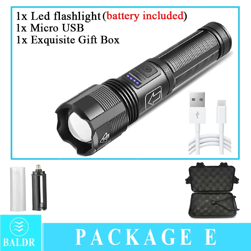 brightest flashlights BALDR Portable Zoom Led Flashlight High Power USB Rechargeable Tactical Flashlight XHP70.2 Hunting Camping Torch 5 Mode Lantern best tactical torch Flashlights