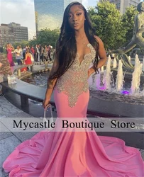 Sparkly Pink Mermaid Prom Dresses 2024 For Black Girls Luxury Crystal Rhinestones Diamond Formal Party Gowns Evening Dresses