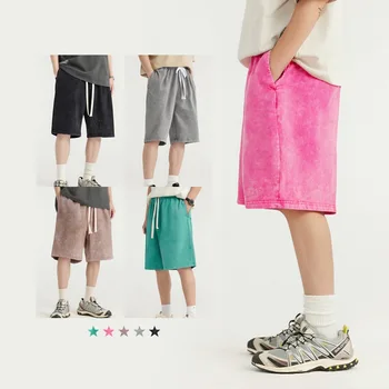 2025 Men's Casual Worn-out Washed Shorts for Spring and Summer Loose Solid Color Fashionable Streetwear Simple and Trendy 1