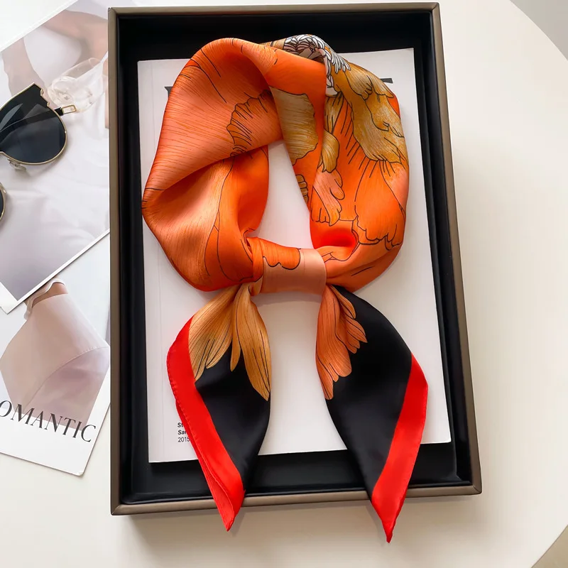 Luxury Black White Print Silk Square Scarf Women Soft Satin Hairband Neckerchief Office Hijab Headband Foulard Bag Ribbons Gift 5