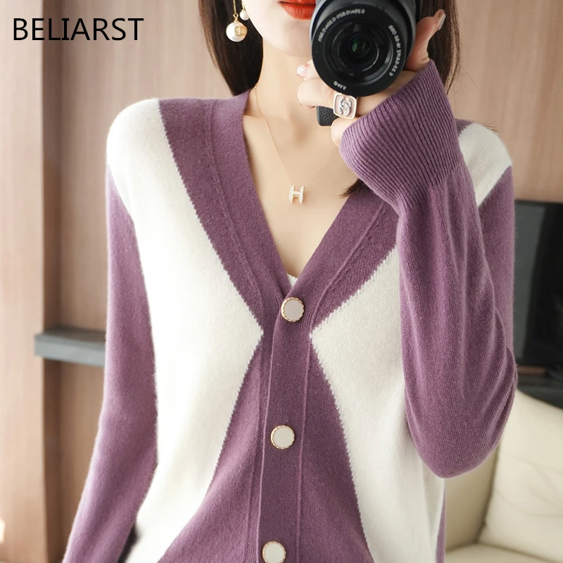 

BELIARST 100% Merino Wool Women's V-Neck Cardigan Casual Fashion Contrast Top Spring/Autumn New Cashmere Sweater Two Tone Jacket