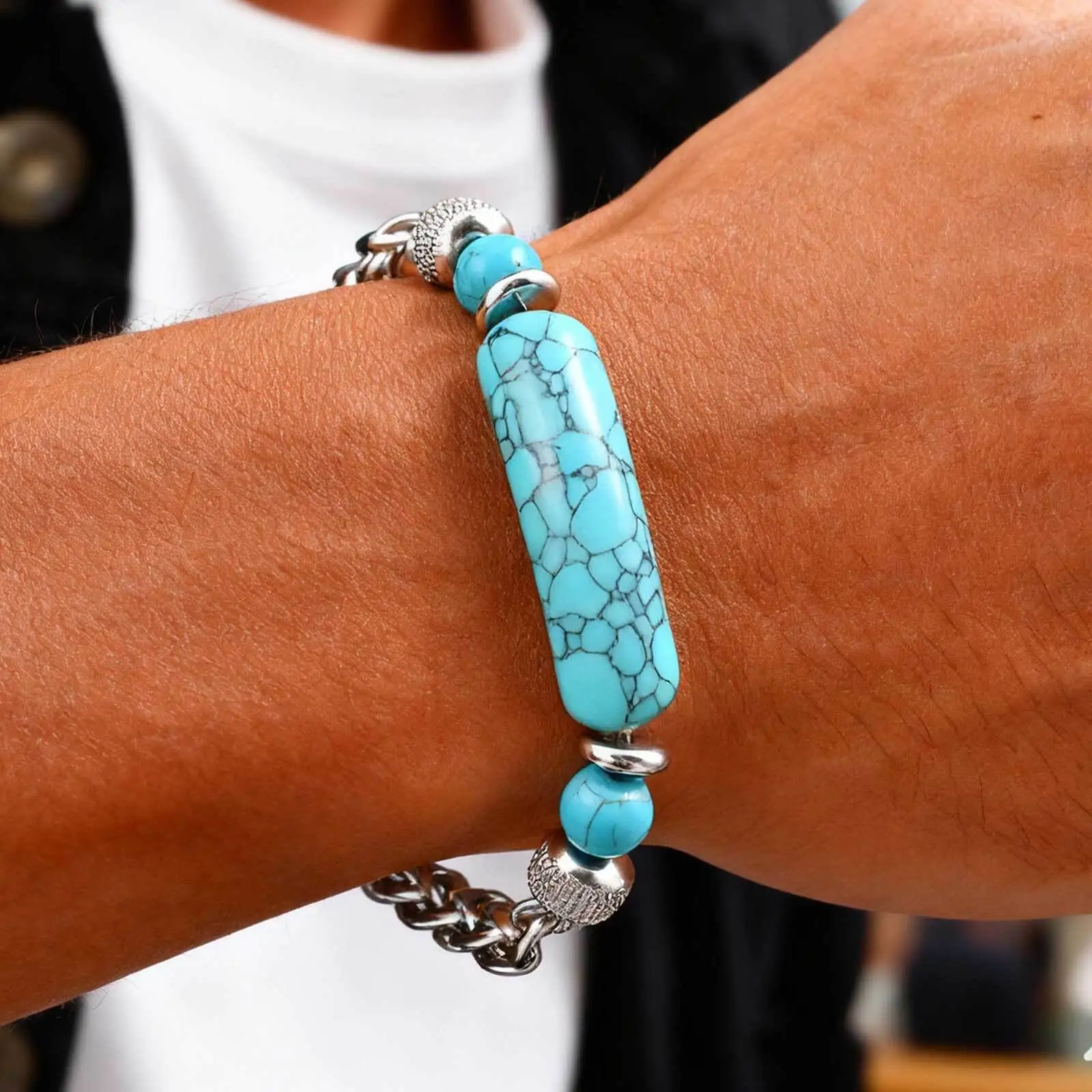 Trendy Natural Turquoise Chain Bracelet for Men Boys,Stainless Steel Adjustable Link Wristband,Male Jewelry Gift for Him