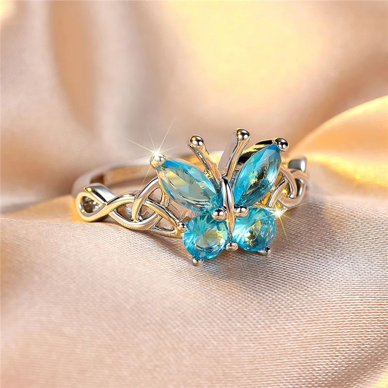 Luxury Female Aqua Blue Zircon Stone Butterfly Engagement Ring Silver Color Wedding Jewelry For Women