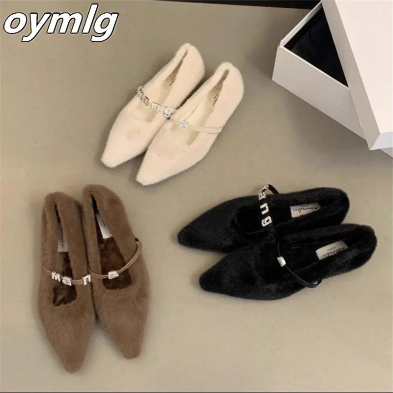 2023 Autumn/Winter New Pointed Plush Shoes Flat Sole Single Shoes Women's Comfort Plush Shoes