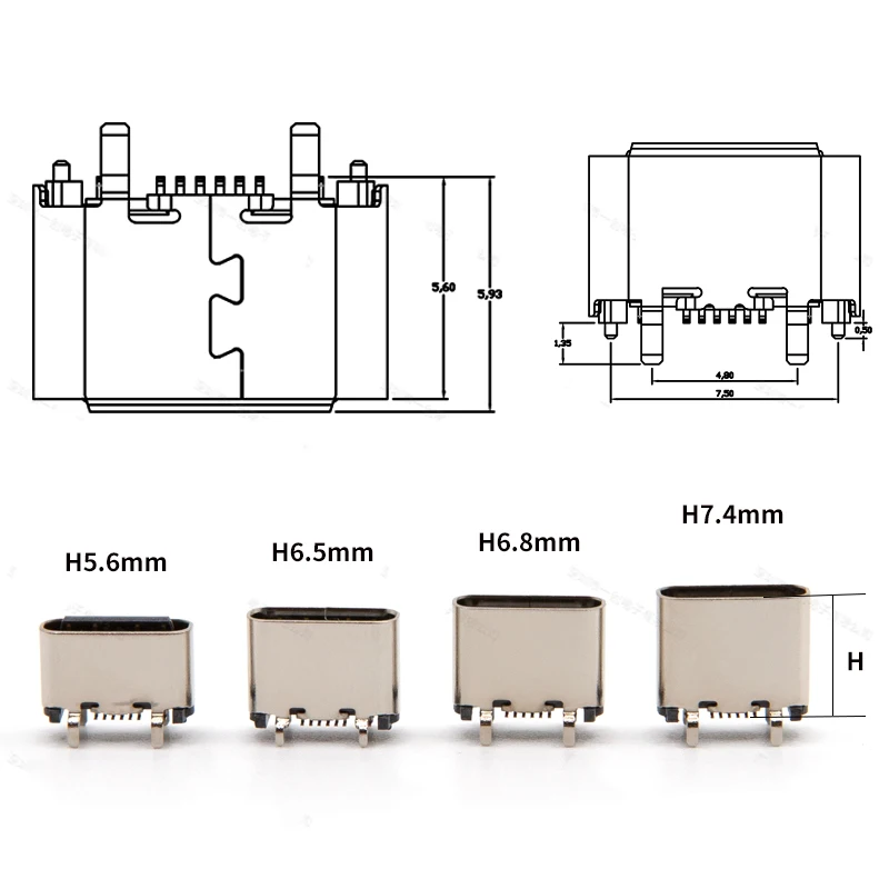 Dual Pack USB Type-C Female Sockets - Vertical Mount, Variety of Board Heights, 16-Pin Configuration