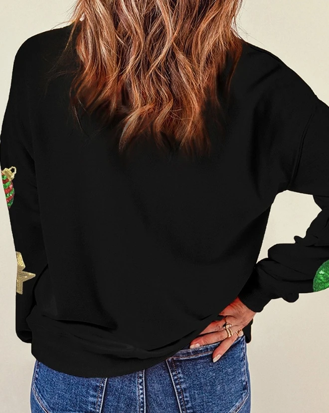 Women Sweatshirts 2023 Autumn Christmas Wreath Bowknot Pattern Contrast Sequin Casual Round Neck Long Sleeve Pullover Sweatshirt