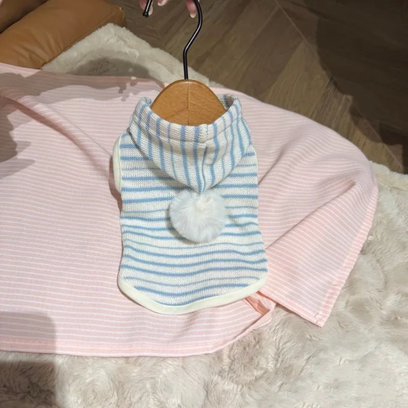 강아지 후드티 귀여운 파란색 줄무늬 후드티 봄 가을 요크셔 슈나우저 고양이 강아지 줄무늬 옷 소형 중형 강아지 고양이 스웨터