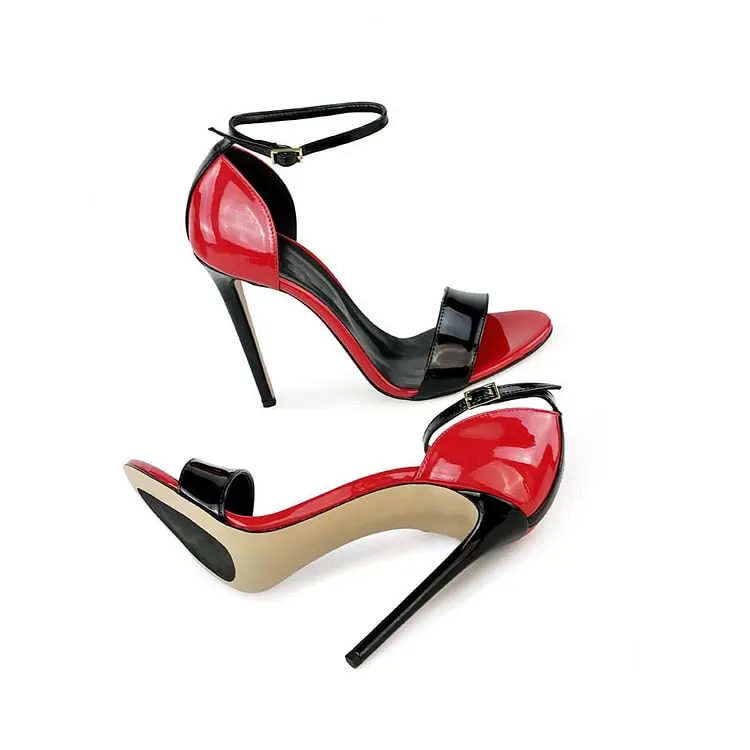 

Red and Black Patent Leather Ankle Strap Heeled Sandals