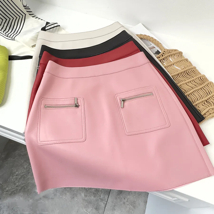 

Женская юбка из натуральной кожи, с карманами и высокой талией, F087, осень 2023