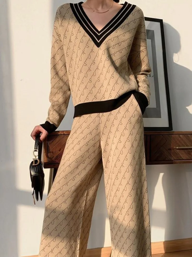 

Sweater Set Women Winter Suit Women Casual Suit Pants V Neck Knit Top Long Sleeve Printed Wide Leg Pants