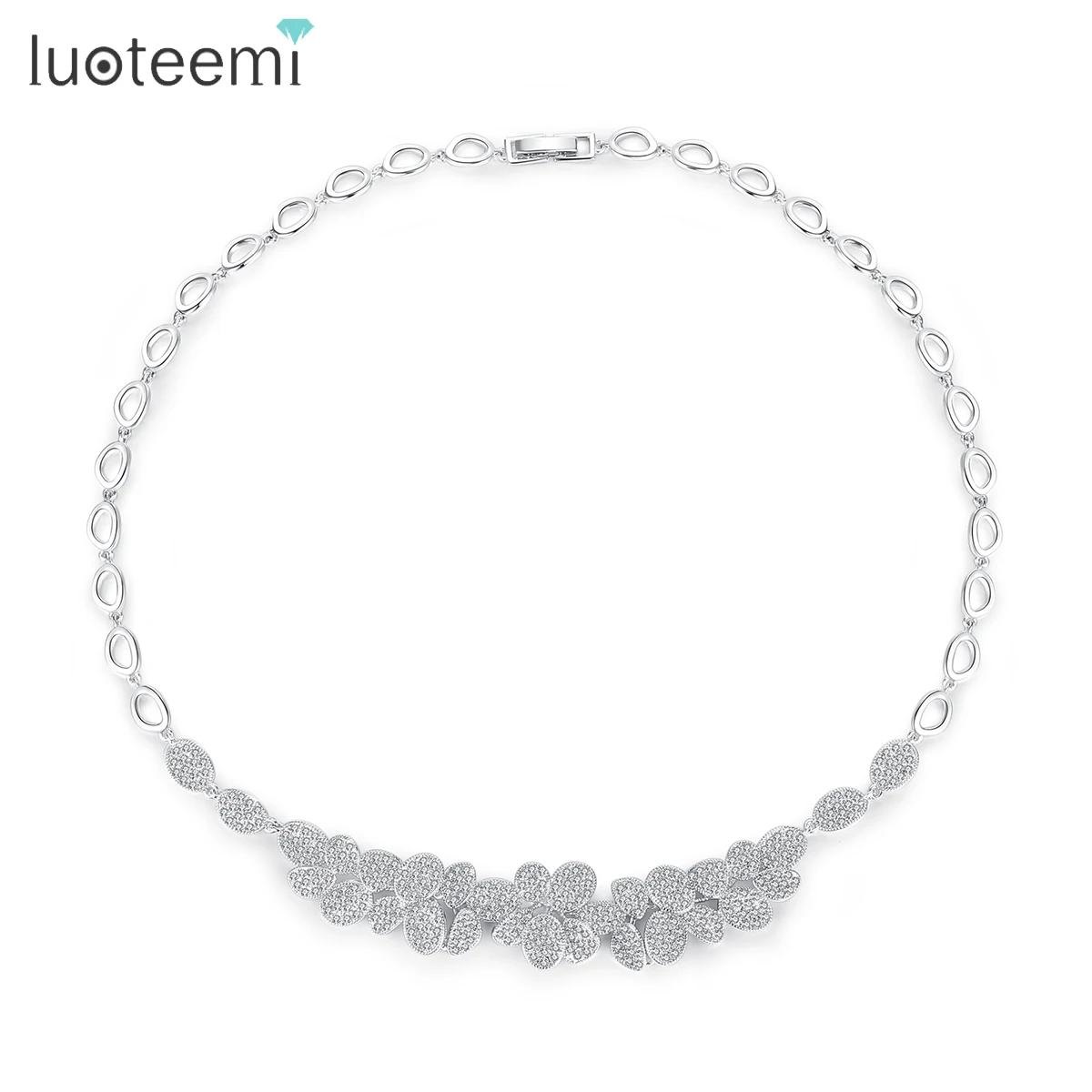 LUOTEEMI Cubic Zirconia Bridal Choker Necklace Shinning Small CZ Paved Multiple Leaves Luxury Flower Wedding Anniversary Jewelry