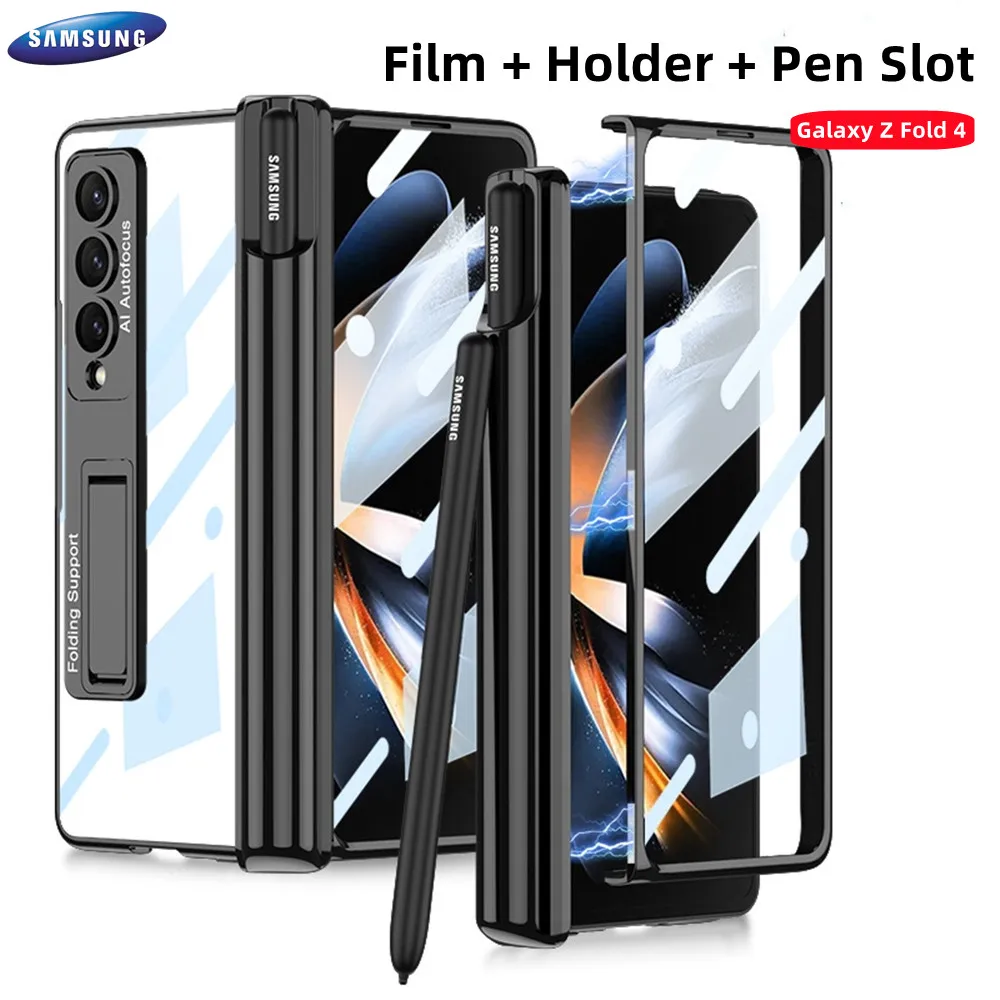 

Magnetic Hinge Phone Case For Samsung Galaxy Z Fold4 5G With Tempered Glass Film Transparent Kickstand Cover Case Original Funda
