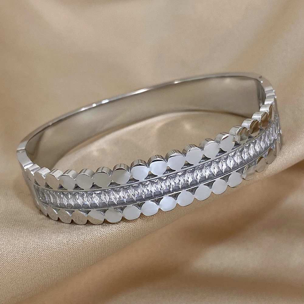 Freetry New Fashion Stainless Steel Layered Inlaid Zirconia Cuff Bangles for Women Oval Wave Geometric Bracelets Party Jewelry 2