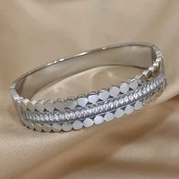 Freetry New Fashion Stainless Steel Layered Inlaid Zirconia Cuff Bangles for Women Oval Wave Geometric Bracelets Party Jewelry 2