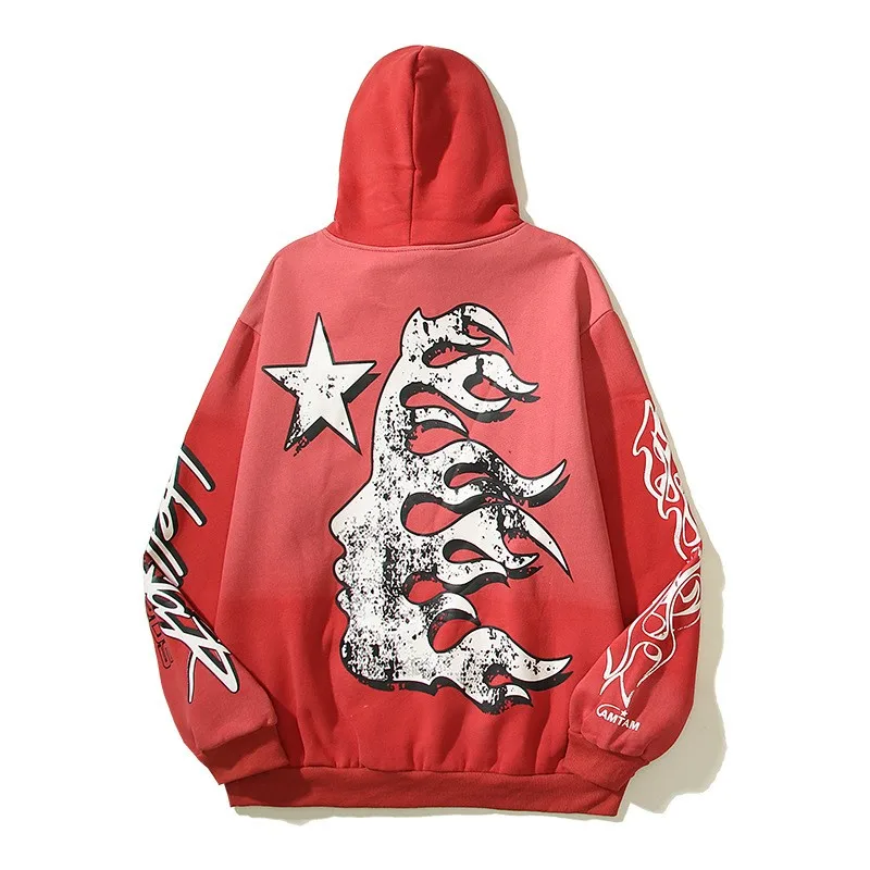 

Y2k Harajuku Red Hoodies Graphic for Men High Street Ins Vintage Mud Print Hooded Pullover Sweatshirts Mens and Womens Clothes