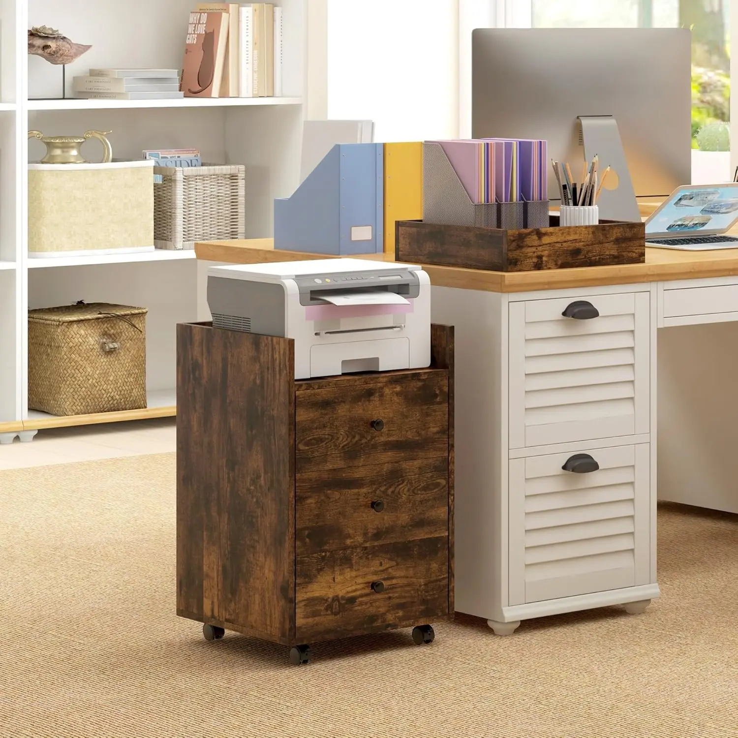 3 Drawer Office Storage Cabinet on Wheels with Removable Tray, Under Desk Printer Stand - Rustic Brown