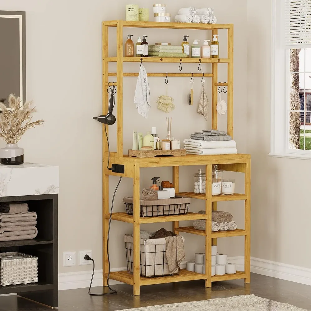 Bakers Rack with Power Outlets, 8-Tier Microwave Stand, Kitchen Utility Storage Shelf 10 S-Shaped Hooks, Coffee Bar Table