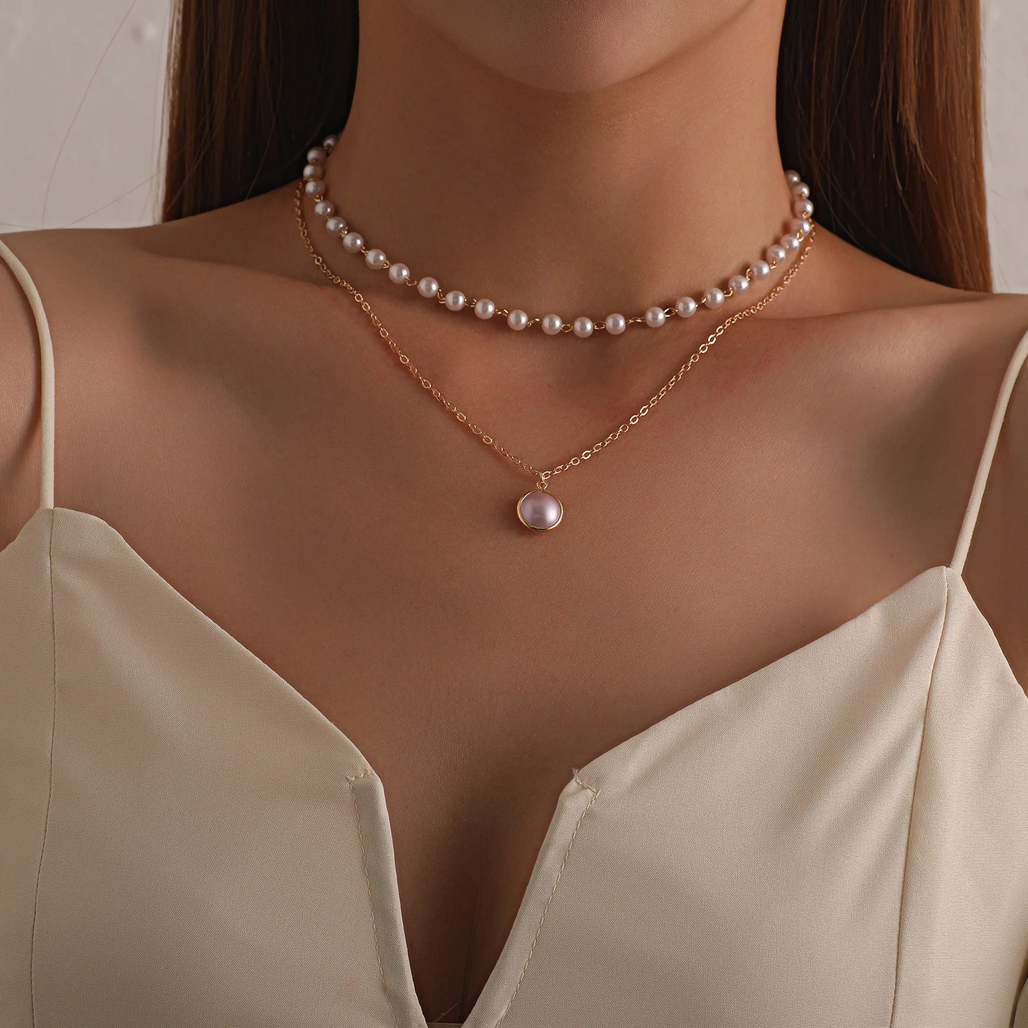 Kiss Jewelry Vintage Gold Color Pearl Beaded Necklace Women Double Chains Pearl Pendant Choker Korean Fashion