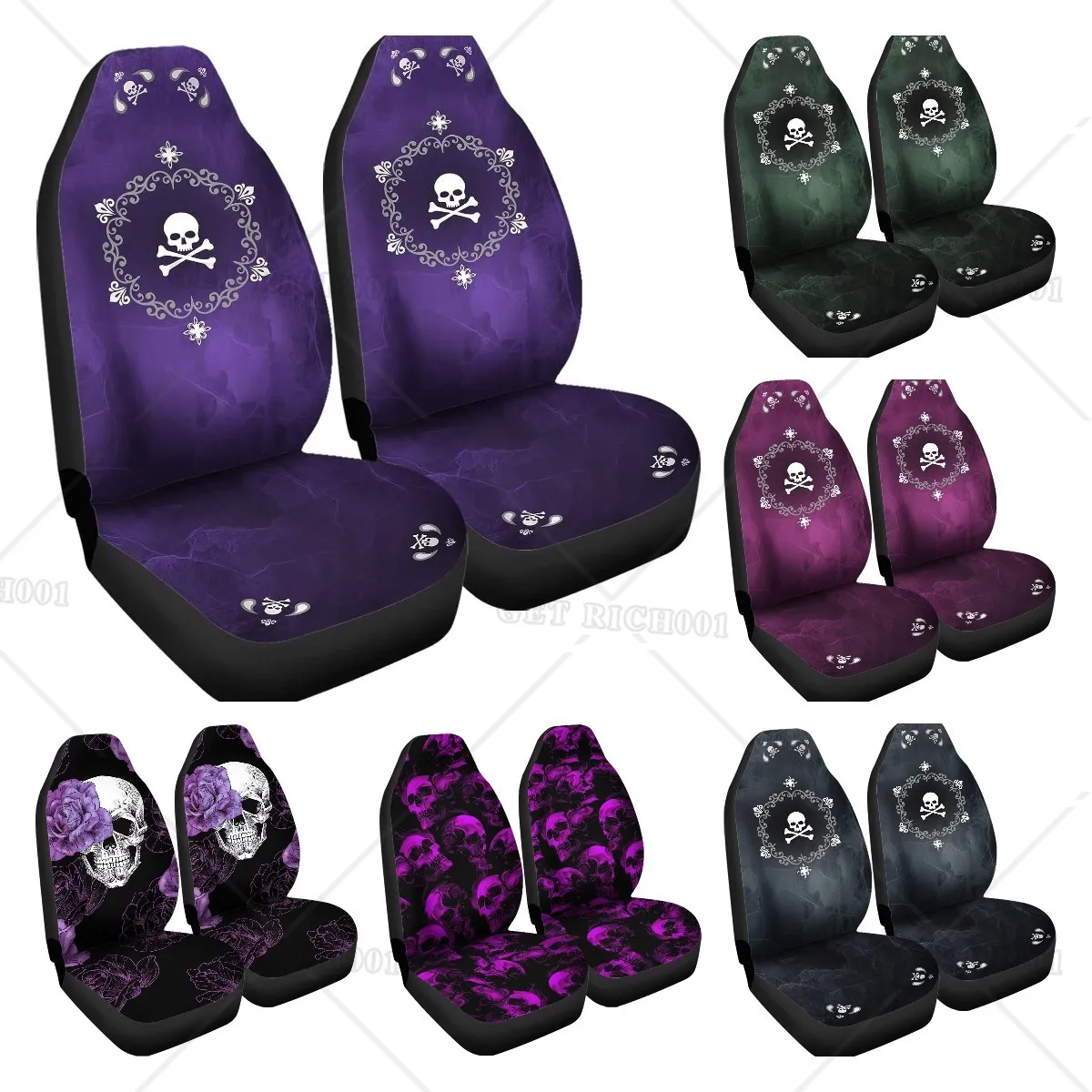 Skull Flowers Purple Print Automobile Front Seat Cover Automotive Seat