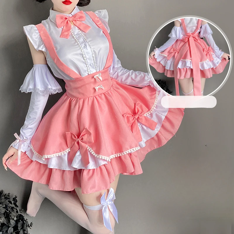 Sweet Pink Lolita Dress Japanese Kawaii School Girl Maid Cosplay Costumes Bunny Role Play Halloween Waitress Uniform