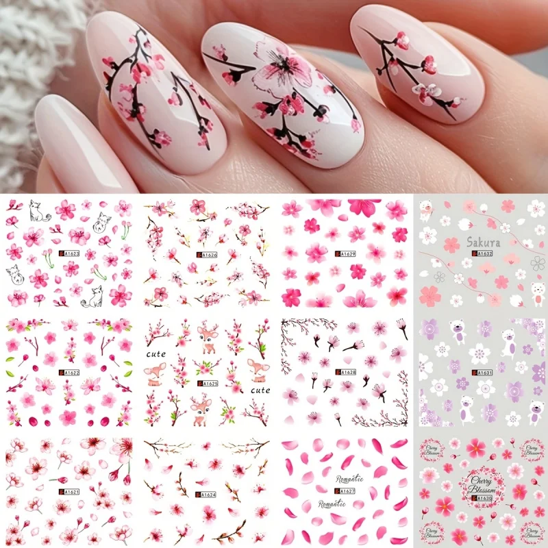 Cherry Blossom & Bear Water Transfer Nail Stickers - Pink Floral Design