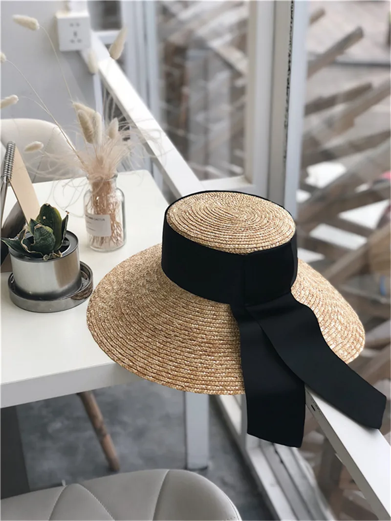 

dropshipping black ribbon summer beach modern fancywork style Hot sale handmade straw women sun hat leisure beach lady cap