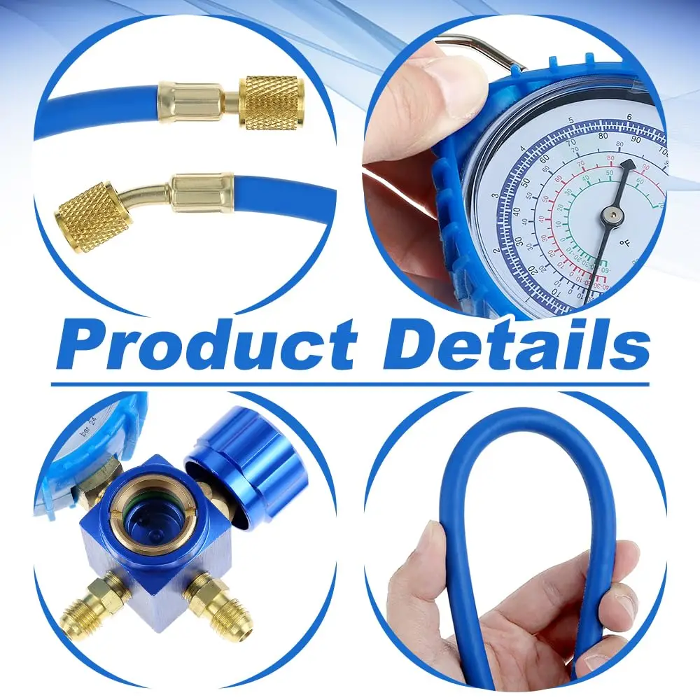 R134A Recharge Hose Kit R410A R134A R22 AC Charging Manifold Gauge Set with Self-Sealing/Puncture Can Taps