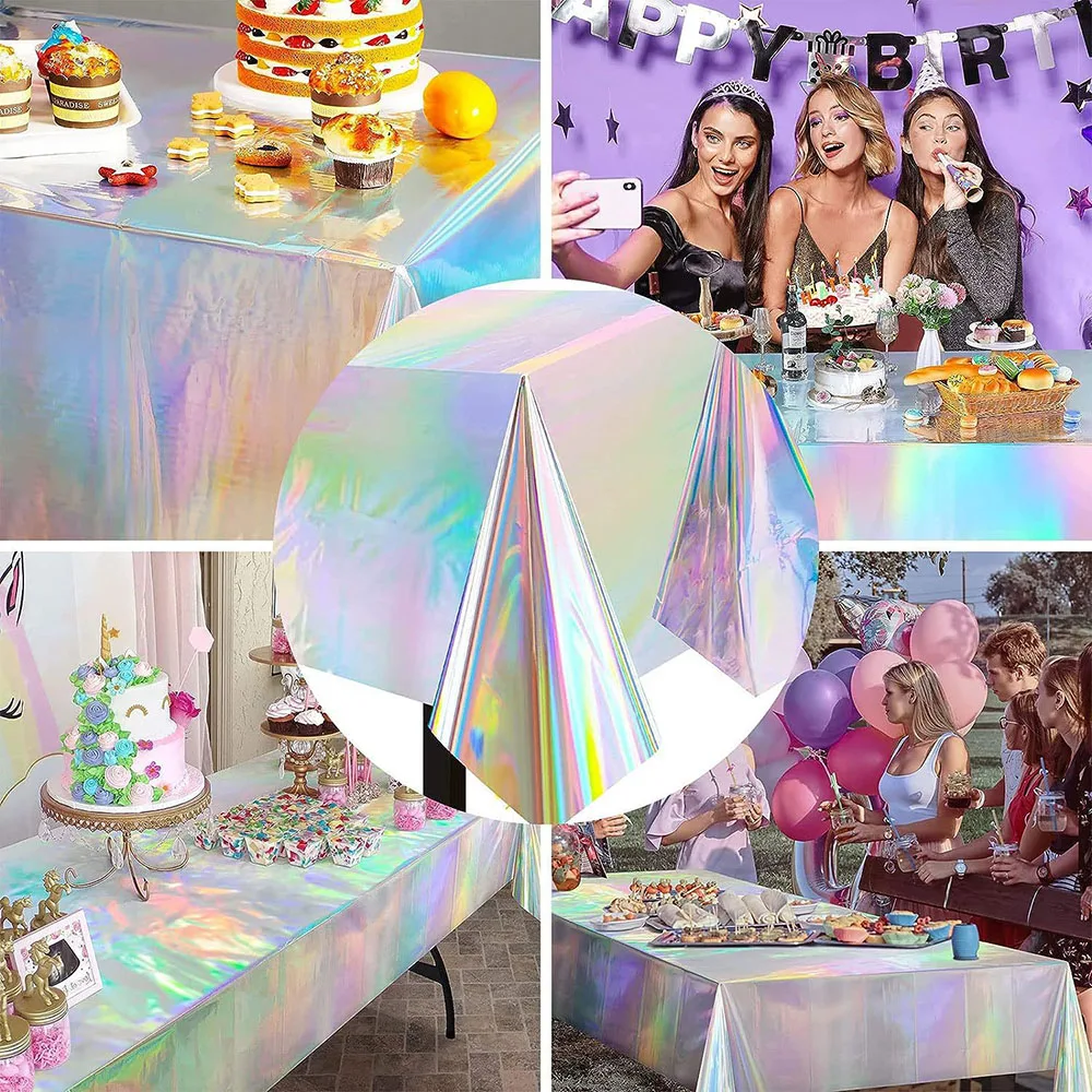 Iridescent Tablecloth, Party Table Cloths Disposable Plastic Table Covers, Iridescent Party Decorations Holographic Foil