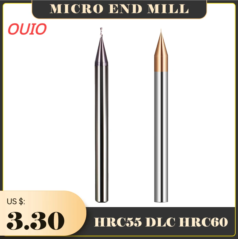 

OUIO HRC60 HRC55 Micro Carbide End Mill 2 Flutes 0.2-0.9mm TiAIN Micro Flat 4mm Shank Milling Mirco Carbide CNC Engraving