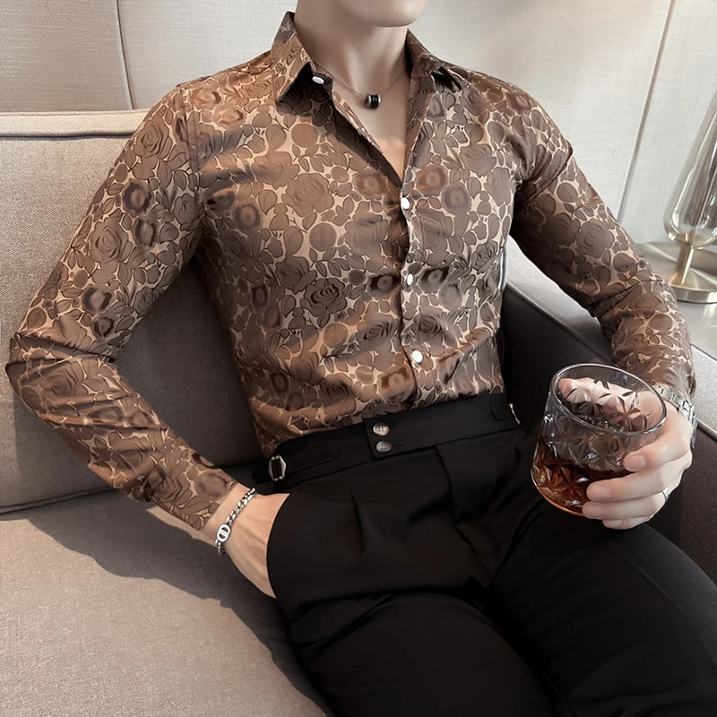 

2024 Spring Men's Mesh Jacquard Shirt Slim Fit Long Sleeved Casual Shirt Social Party Nightclub Tuxedo Blouse Men Clothing M-4XL