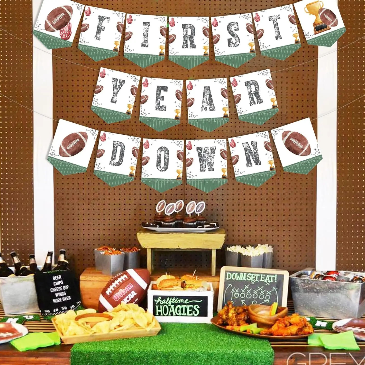 First Year Down Banner - Football Themed 1st Birthday Decor, Gold Glitter, Pre-Strung