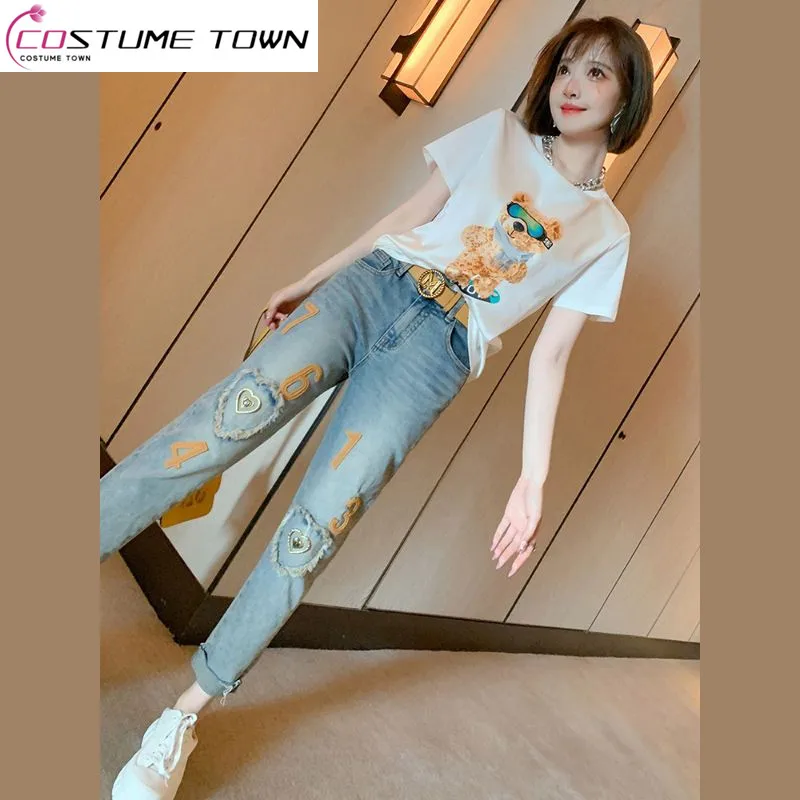 Cartoon Printed Patchwork T-shirt+patch Tassel Jeans Set for Women's Summer 2023 New Fashion Set Two-piece Set