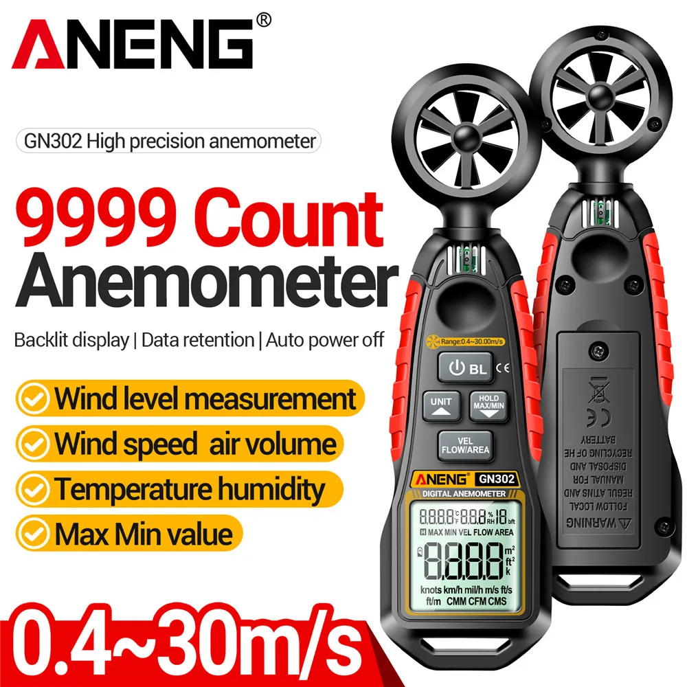 ANENG GN302 디지털 휴대용 풍속계 30m s 온도 습도 테스터 20 0C 60 0C 측정 도구