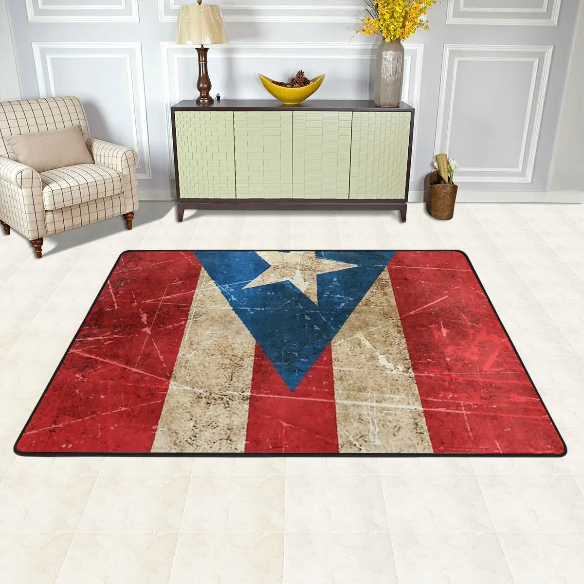 Vintage Aged Scratched Puerto Rican Flag Carpets Area Rugs Pad for