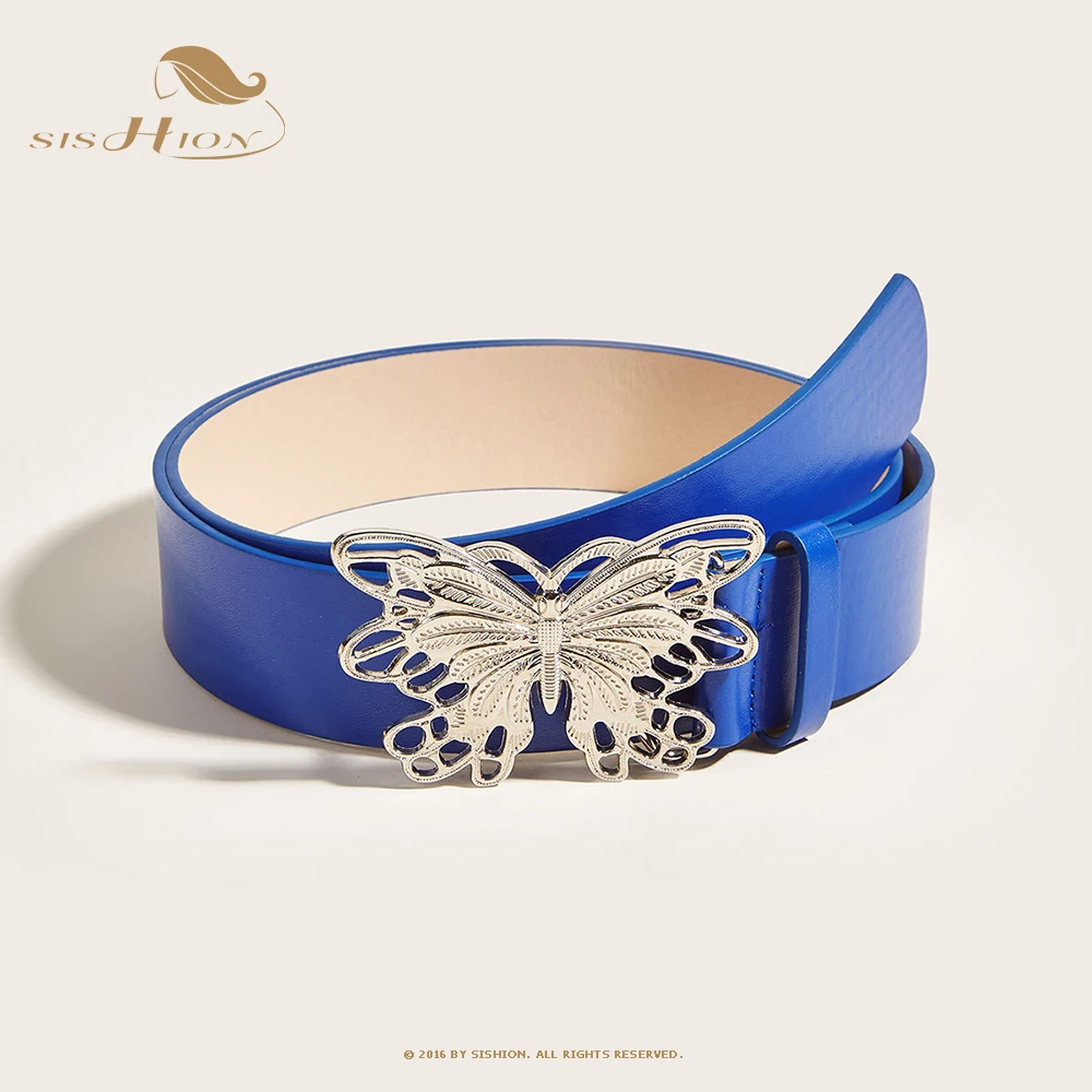 

SISHION 2022 New Black Blue Pink Belt for Women European and American Fashion Lady Silver Butterfly Buckle Belts VD3489