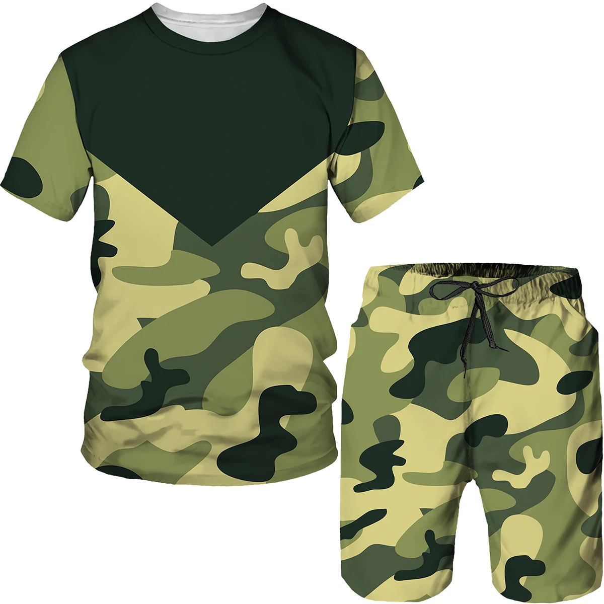 Summer Men's T-shirt Set Men's Short Sleeve Pullover Shirt+Beach Pants Two Piece 3D Camo Suit Set Military Fans Set Oversized