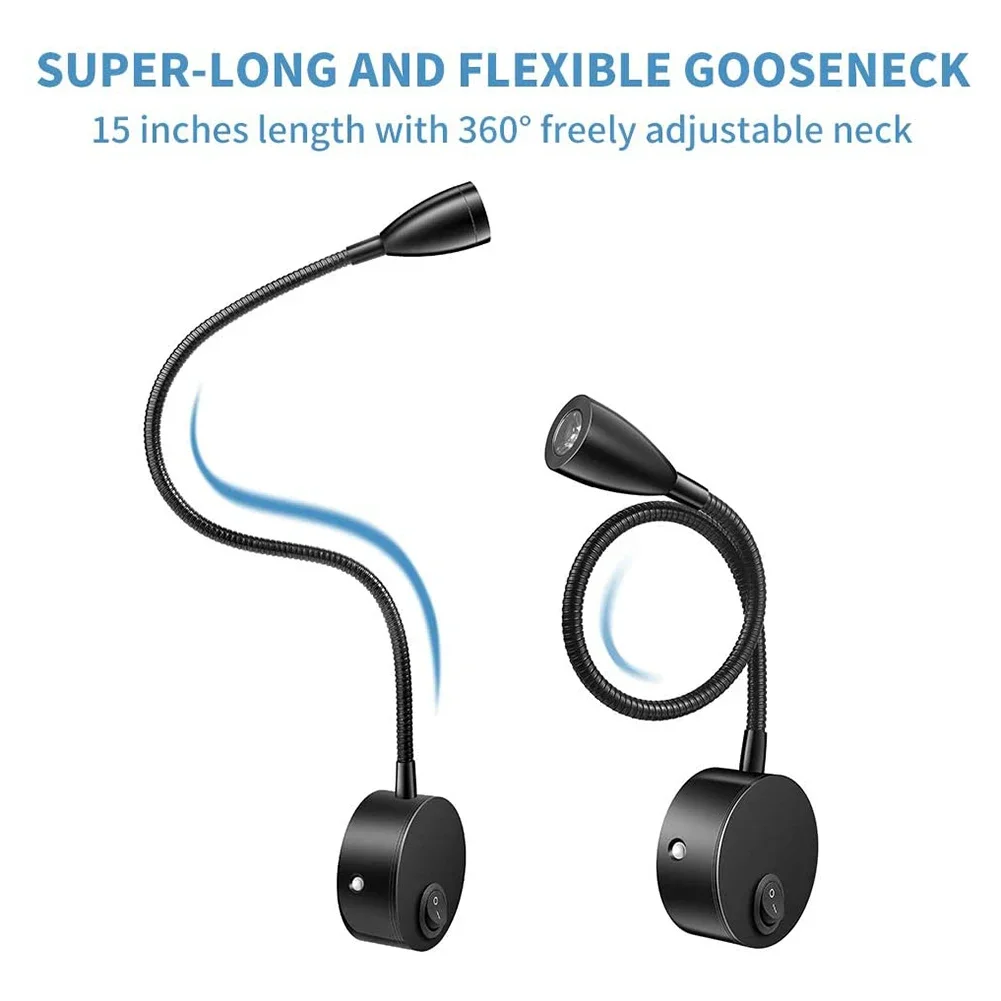 USB Flexible Wall Mount Night Lamp Hotel Bedside Wall Lamp LED Flexible Gooseneck Tube Switch Study Reading Sconces Light