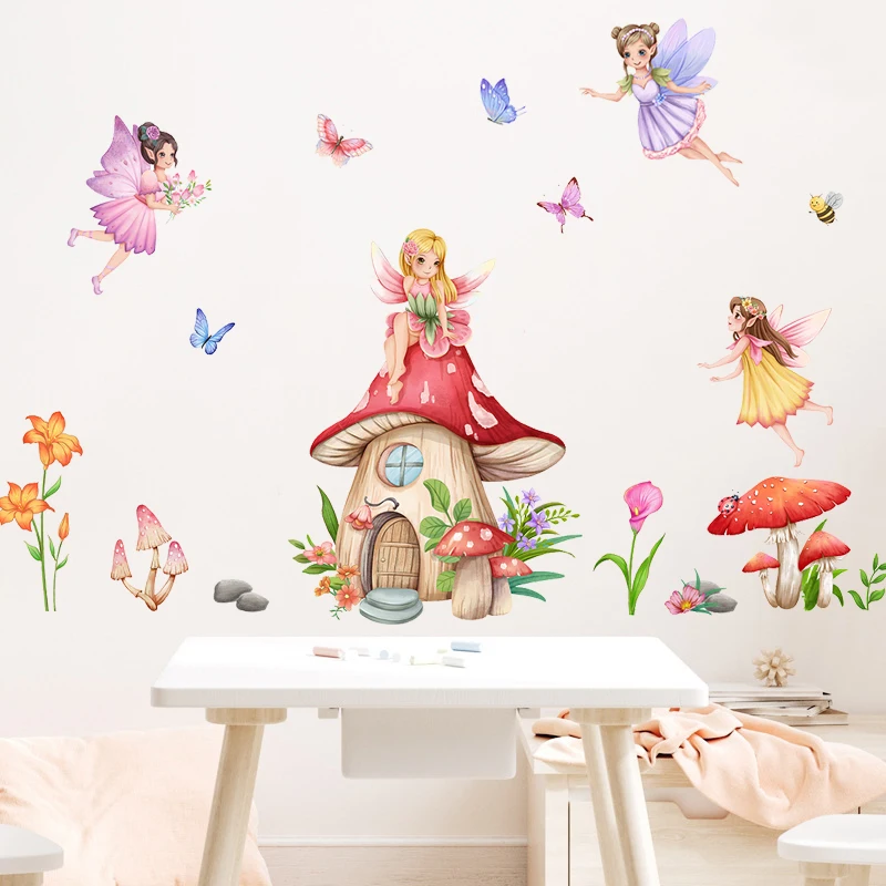 

Fairy Wall Stickers for Children's Room Girls Baby Room Decoration Nursery Elf Mushroom Butterfly Wallpaper Self-adhesive Vinyl