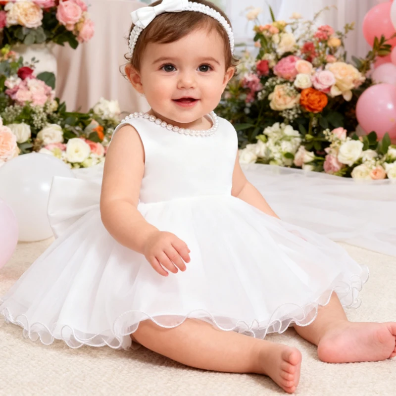 Elegant White Baby Dress with Big Bow – Perfect for Weddings, Baptisms, and First Birthdays